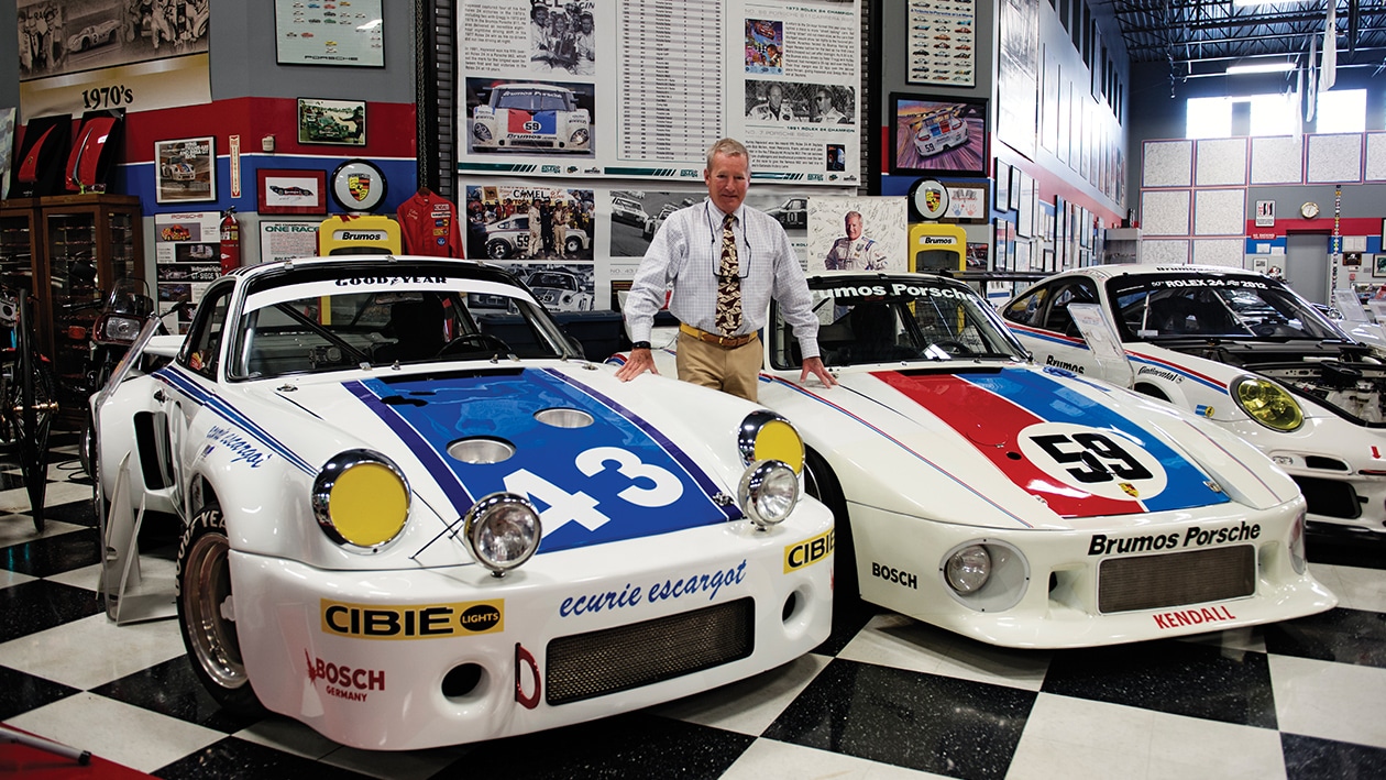 Hurley Haywood with his Porsche 911 racing cars