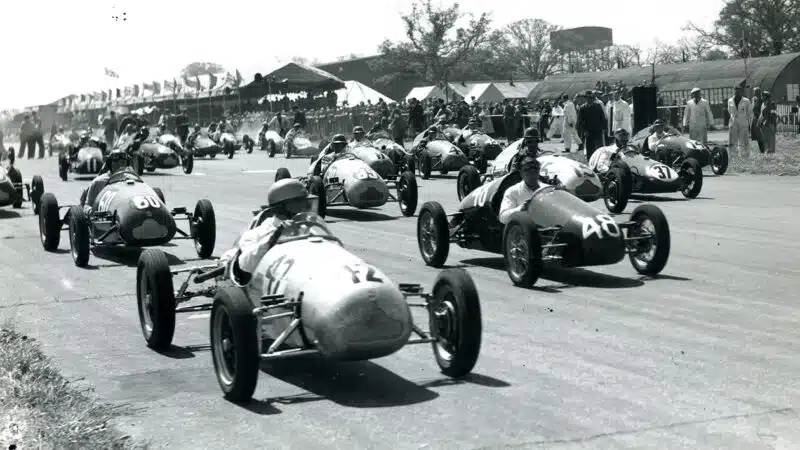 John Cooper at head of field of 500cc cars in 1950 British Grand Prix support race at SIlverstone