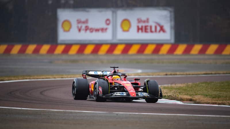 Lewis Hamilton on track in a Ferrari at Fiorano circuit