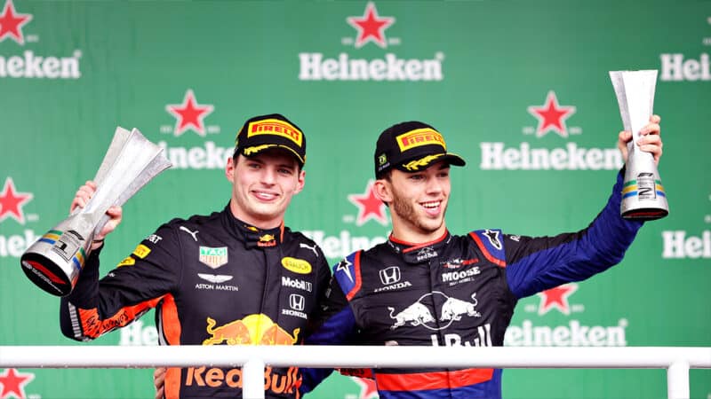 Max Verstappen and Pierre Gasly on the podium at 2019 F1 Brazilian Grand Prix