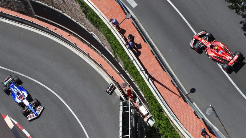 Overhead view of Ferrari and RB F1 cars at Monaco Grand Prix 2024