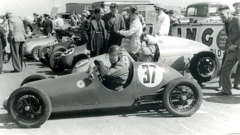 Wing Commander Frank Aikens in 500cc car at Silverstine in 1950