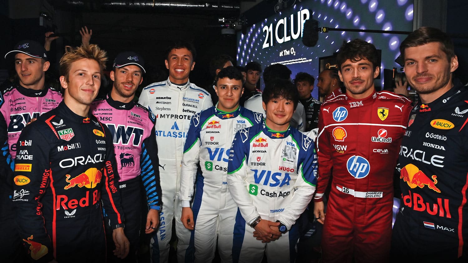 (L-R) Jack Doohan, Liam Lawson, Pierre Gasly, Alex Albon, Isack Hadjar, Yuki Tsunoda, Charles Leclerc and Max Verstappen attended the F1 75 season launch event at London’s O2 Centre, as did our man James Elson, to witness the mass unveiling of the 2025 team liveries and cars, and a performance by Take That