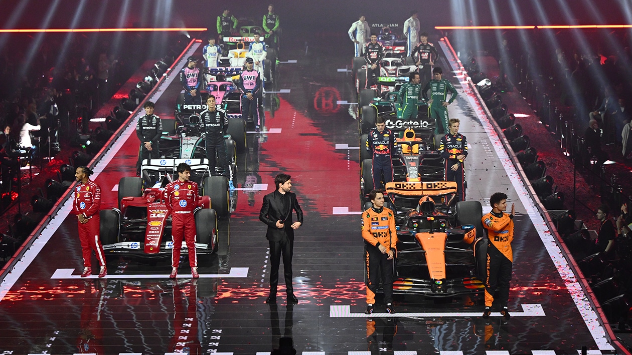 F1 cars on stage at F1 75 event