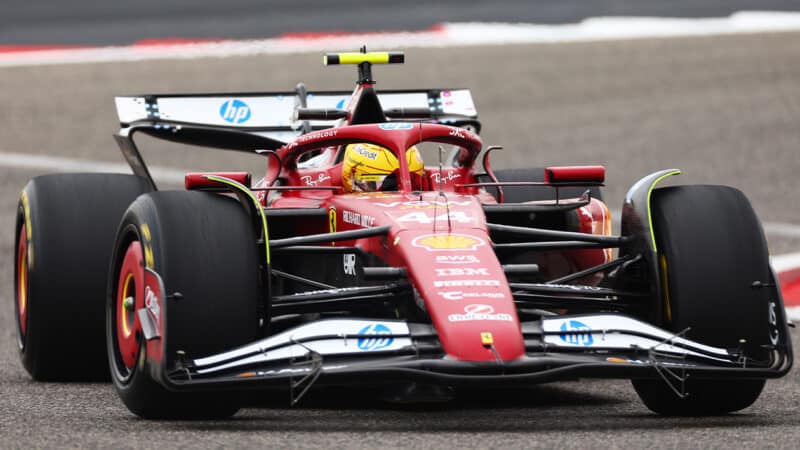 Ferrari of Lewis Hamilton with front wing aero rake during Bahrain preseason testing