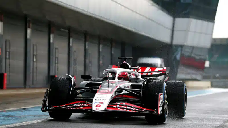 Haas F1 car leaves the pits at 2025 Silverstone shakedown