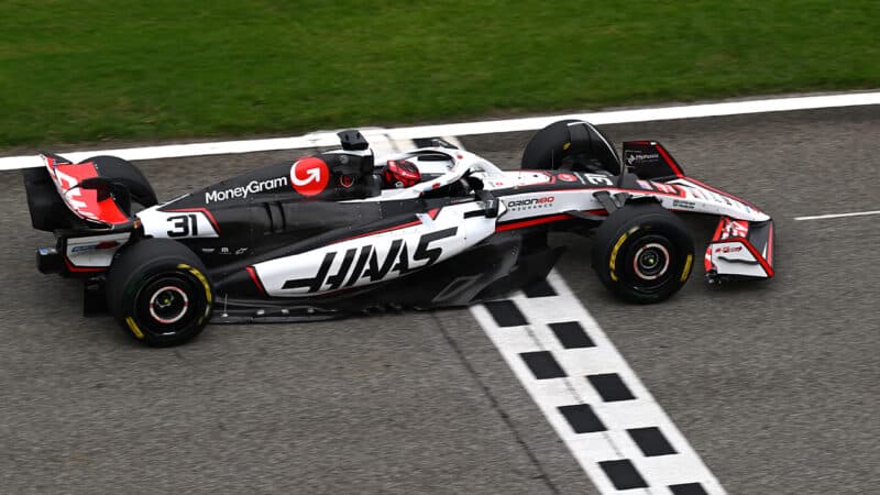 Haas F1 car of Esteban Ocon in 2025 preseason testing