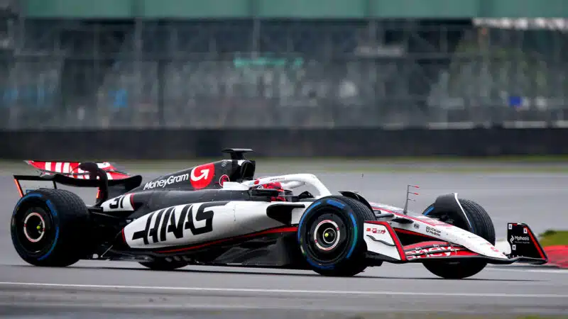 Haas F1 car on track at 2025 Silverstone shakedown