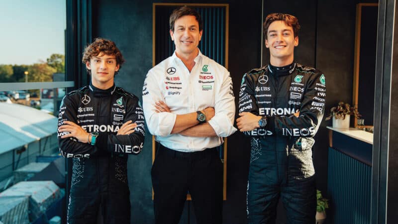 Kimi Antonelli, Toto Wolff and George Russell