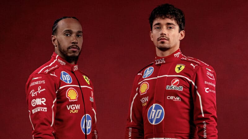 Lewis Hamilton and Charles Leclerc in Ferrari F1 race suits