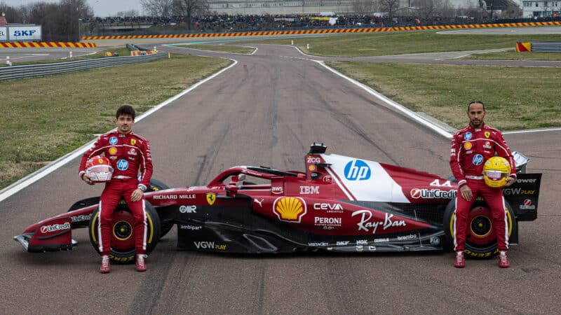 Lewis Hamilton and Charles Leclerc with 2025 Ferrari SF25 F1 car at Fiorano circuit