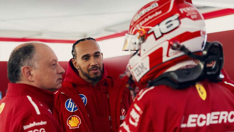 Lewis Hamilton with Charles Lecerc and Fred Vasseur at 2025 shakedown