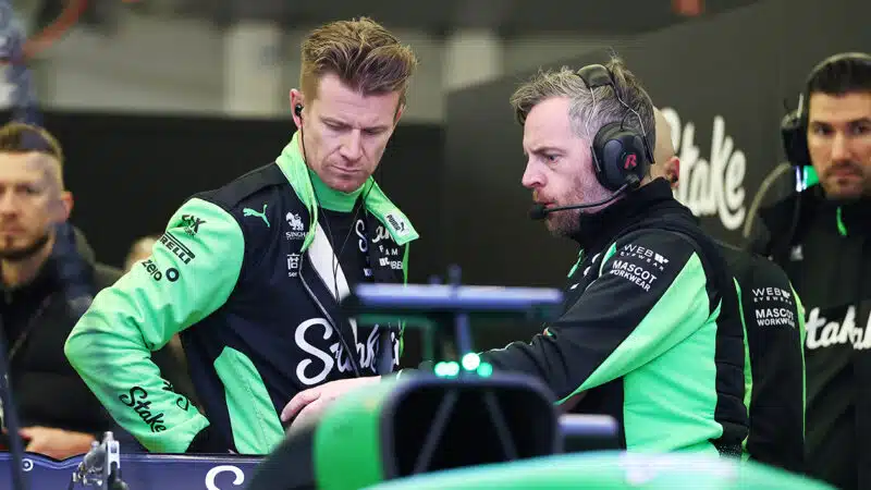 Nico Hulkenberg in Sauber pit garage during 2025 F1 preseason testing