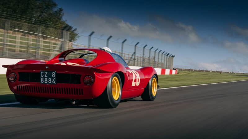 Rear view of Ferrari Dino 206S on track