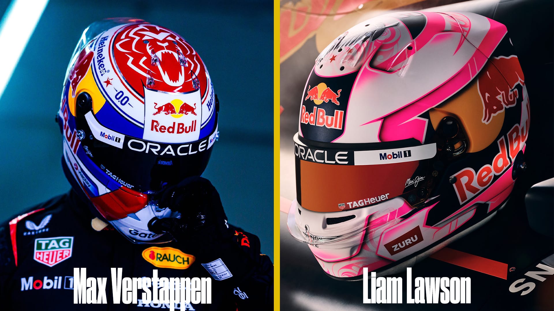 Max Verstappen and Liam Lawson helmets 2025