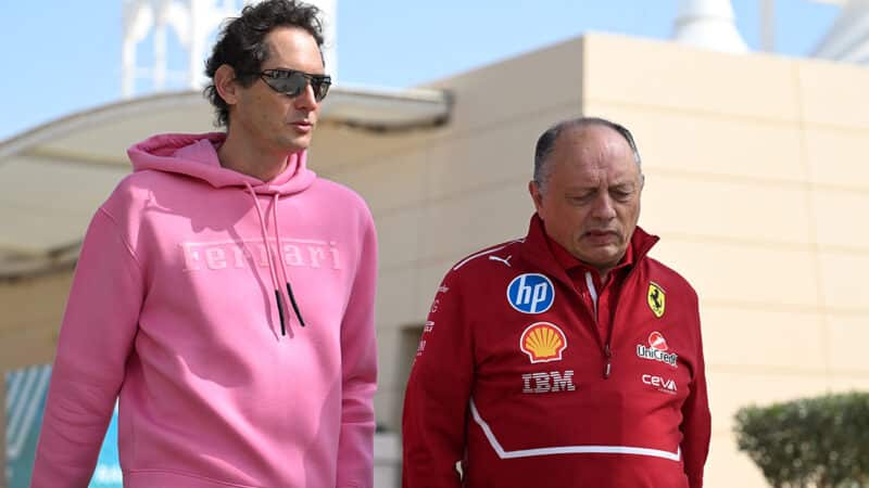 Ferrari chairman John Elkann with Fred Vasseur in F1 paddock at preseason testing