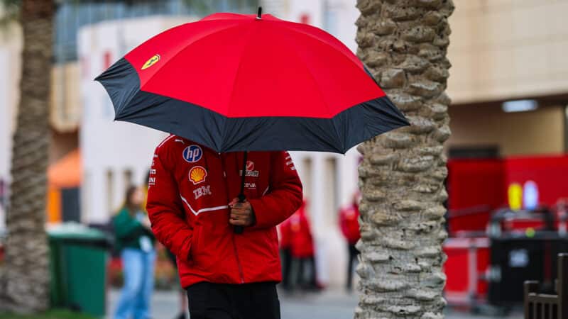 Ferrari umbrella covers Lewis Hamilton face at 2025 Bahrain preseason F1 testing