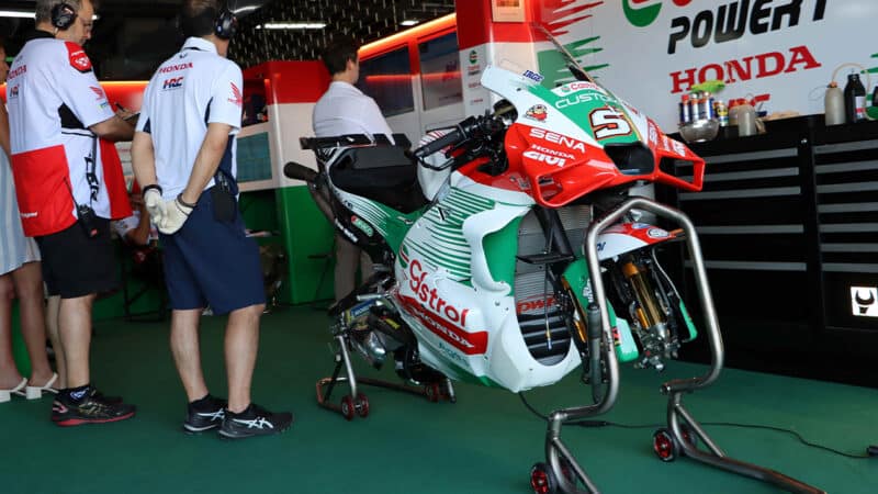 Honda RC213V MotoGP chassis in garage at 2025 Thai GP