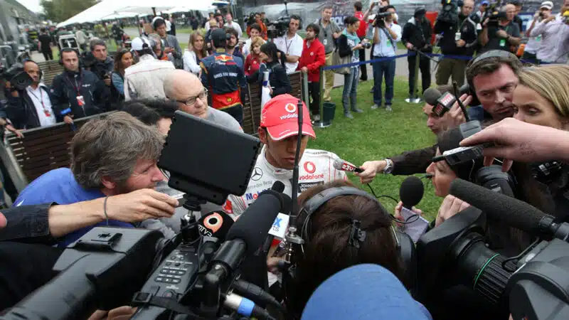 Lewis Hamilton talks to media after qualifying at 2010 F1 Australian Grand Prix