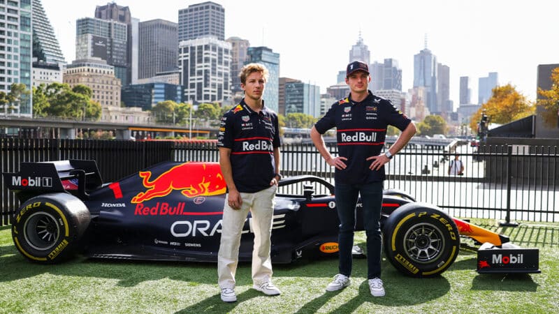 Max Verstappen and Liam Lawson with Red Bull car ahead of 2025 F1 Australian GP