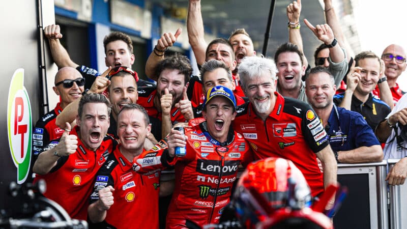 Marc Marquez celebrates 2025 MotoGP Thai Grand Prix win with Gigi Dall Igna and Ducati crew