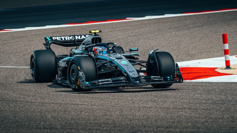 Mercedes F1 car of Kimi Antonelli on track in 2025 preseason testing