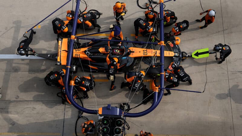 Overhead view of Oscar Piastri pitstop in the 2025 F1 Chonese Grand Prix