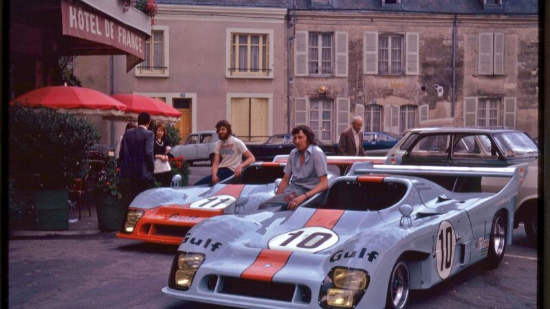 the twin Gulf GR8s that finished first and third in 1975, the winner at the rear