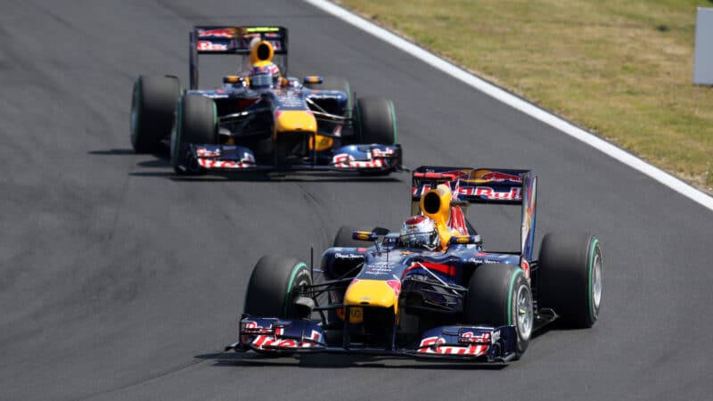 Sebastian Vettel leads Rede Bull-Renault team-mate Mark Webber in the 2010 Hungarian Grand Prix