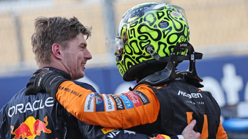 Lando Norris (McLaren-Mercedes) and Max Verstappen (Red Bull-Honda) after the 2024 Miami Grand Prix