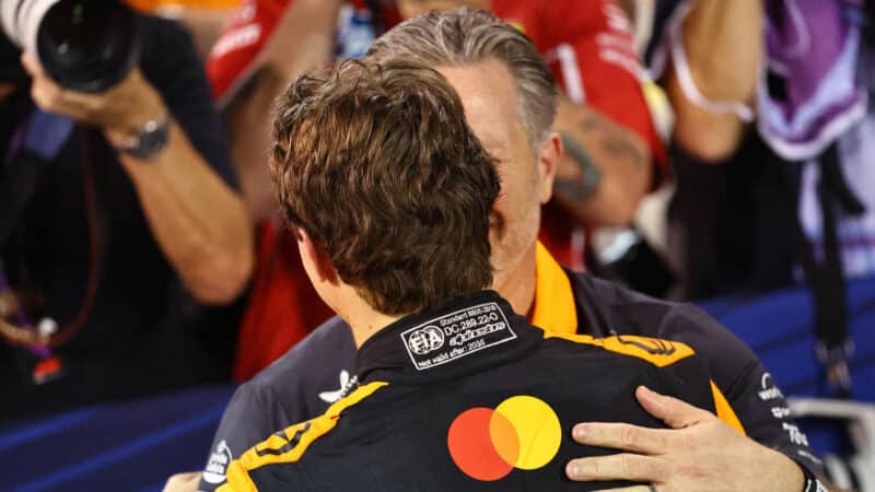 Oscar Piastri and Zak Brown (McLaren-Mercedes) in parc ferme after qualifying for the 2025 Bahrain Grand Prix