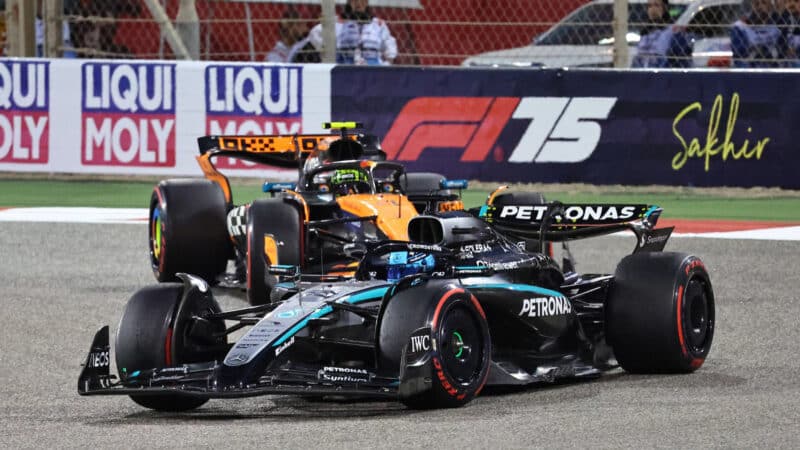 George Russell in front of Lando Norris during the 2025 Bahrain Grand Prix