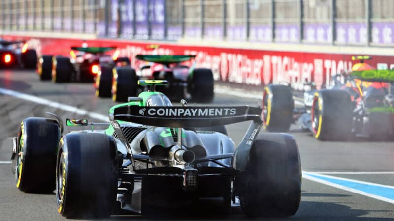 Wheelspin from Gabriel Bortoleto (Sauber-Ferrari) at pit exit during practice before the 2025 Saudi Arabian Grand Prix
