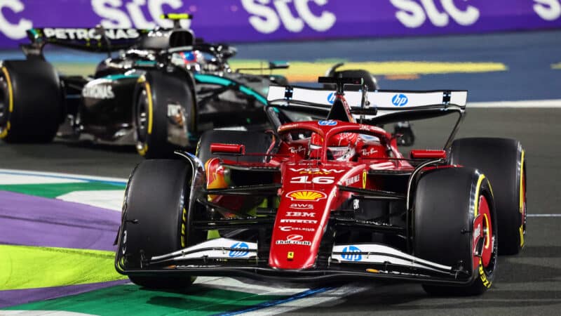 Charles Leclerc (Ferrari) leads Kimi Antonelli (Mercedes) in the 2025 Saudi Arabian Grand Prix