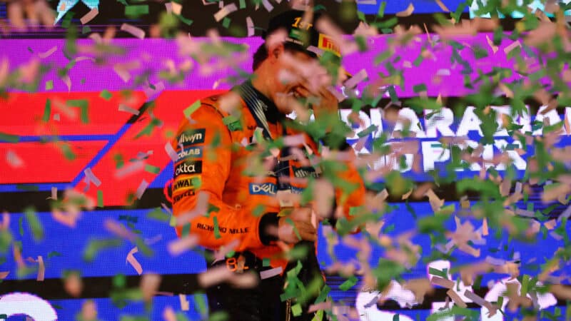 Oscar Piastri (McLaren-Mercedes) on the podium after the 2025 Saudi Arabian Grand Prix
