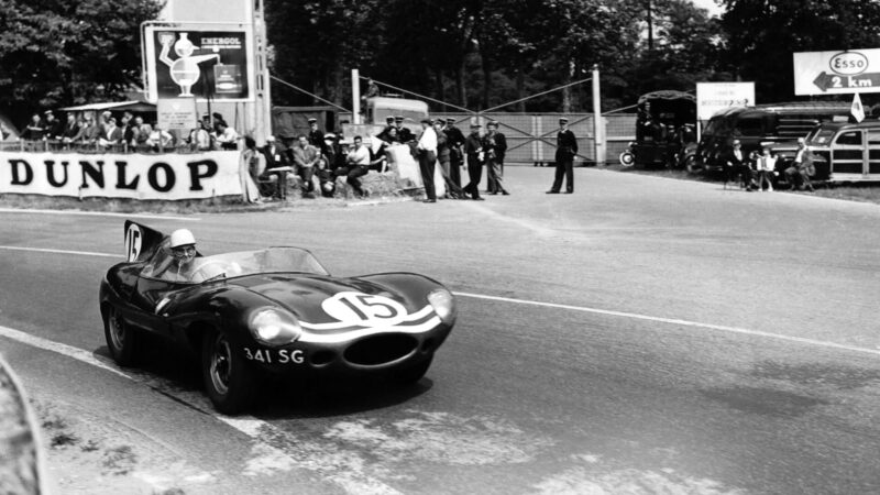 Sanderson tidily guides his D towards second place at Le Mans, 1957, before it went straight to Monza for the Race of Two Worlds, right