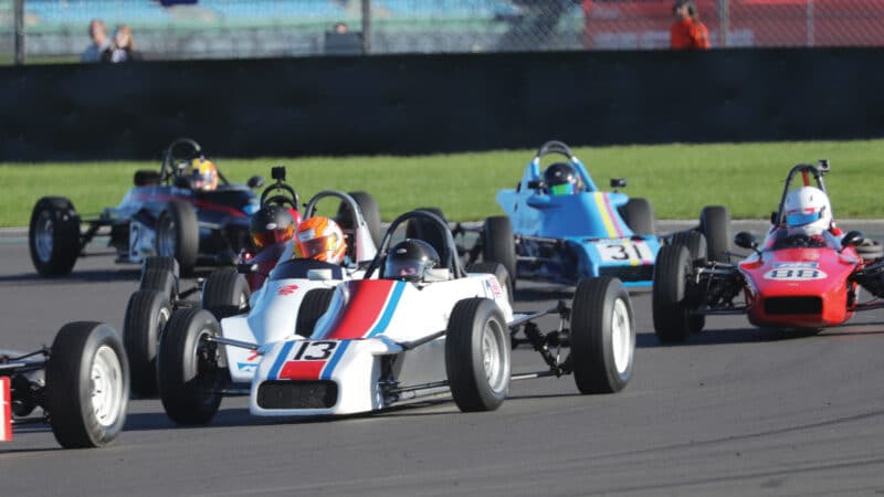 Kestenbaum, in car No13, in the thick of some typical Formula Ford dicing at Silverstone recently