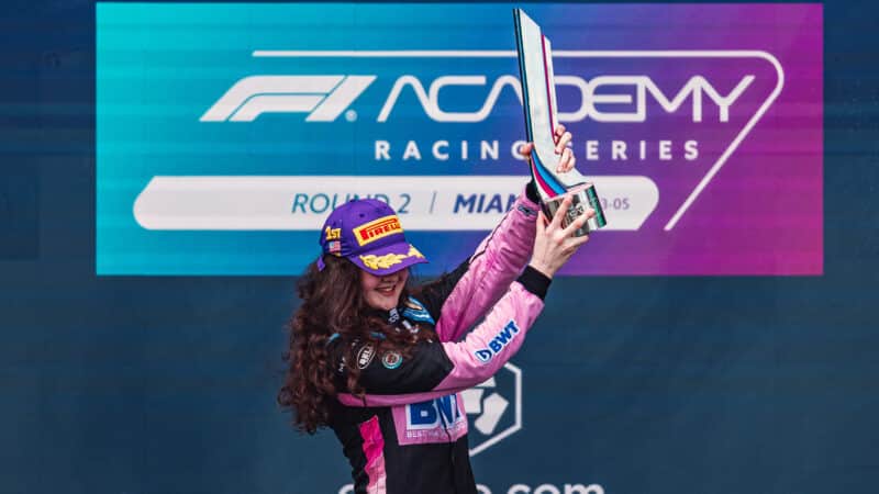 Abbi Pulling lifts F1 Academy Trophy in Miami 2024