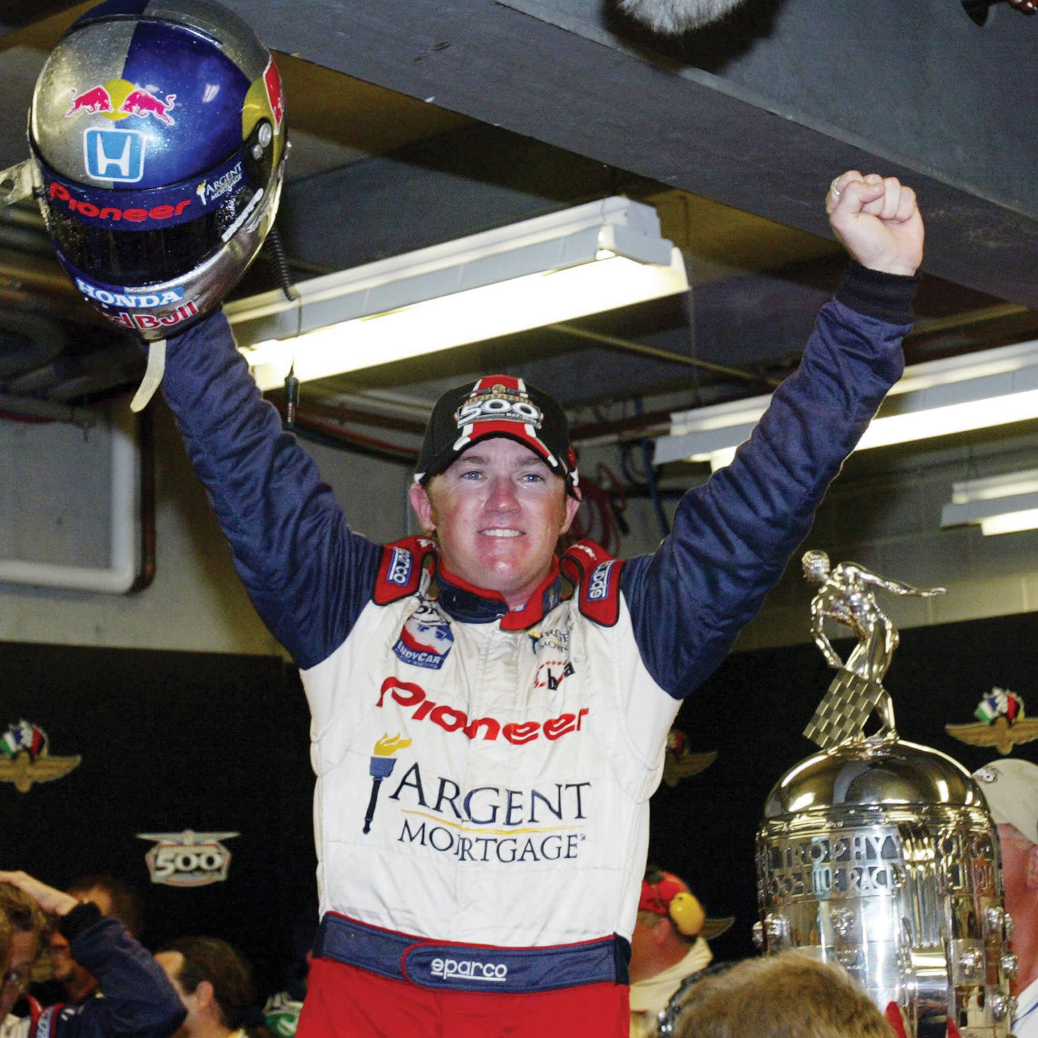 Buddy Rice of the US celebrates indoor 3