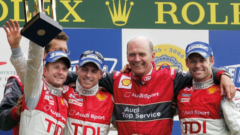 McNish, Dindo Capello, Audi’s team chief Wolfgang Ullrich and Tom Kristensen, Le Mans winners, 2008