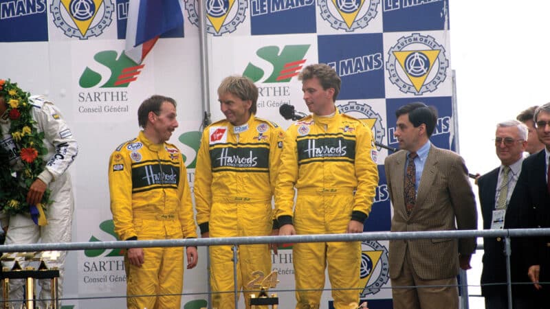 Andy Wallace with Derek and Justin Bell on the podium; Gordon Murray reckons they could have won