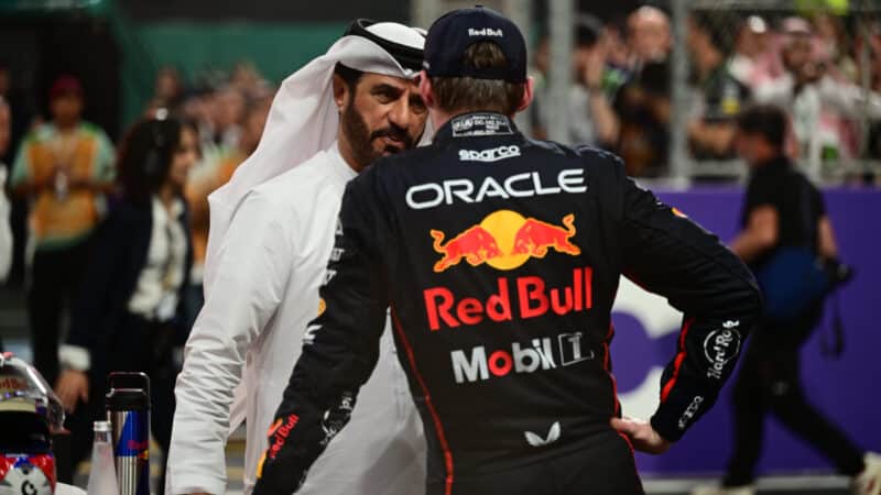 Max Verstappen of Red Bull Racing Honda and Mohammed Ben Sulayem speak during the Saudi Arabia GP,