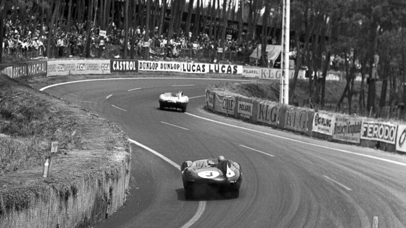 The Jaguar D-type of Ivor Bueb and Ron Flockhart on its way to victory at Le Mans in 1957. Ecurie Ecosse was at the height of its powers, finishing one-two in the Jaguar factory’s team’s absence