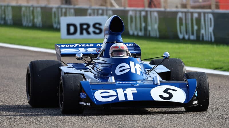 Jackie Stewart drives 1973 Tyrrell F1 car at the 2025 Bahrain Grand Prix