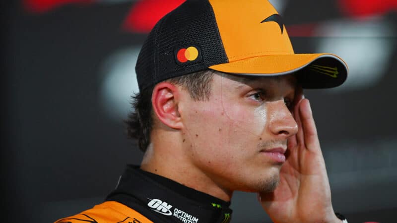 Lando Norris rubs his face after qualifying for 2025 F1 Bahrain GP
