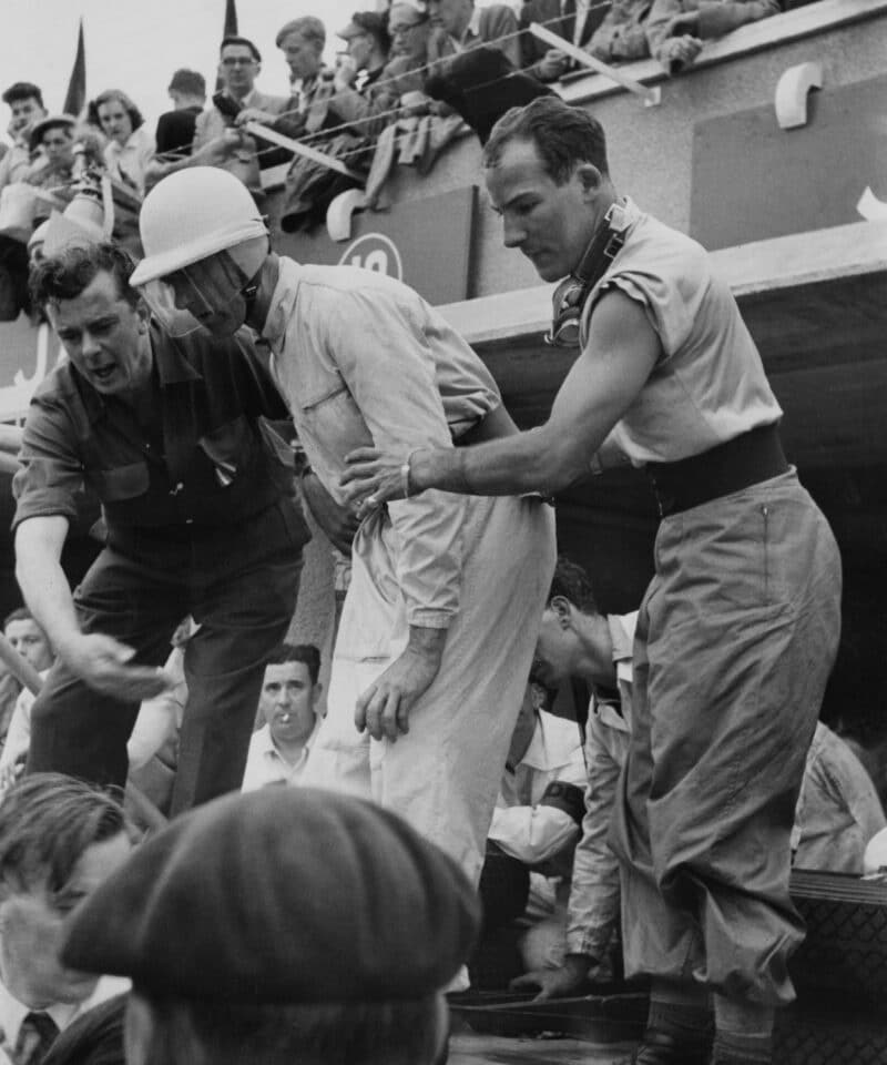 Lofty England, Peter Walker and Stirling Moss in the Jaguar Le Mans, 1953