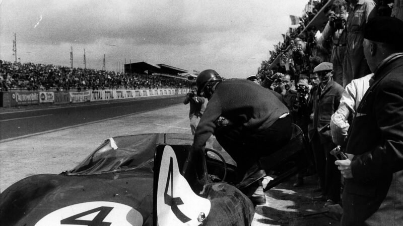 Ninian Sanderson climbs aboard the Le Mans-winning D-type he shared with Ron Flockhart. This 1956 win showed the D-type was just as formidable in customers’ hands