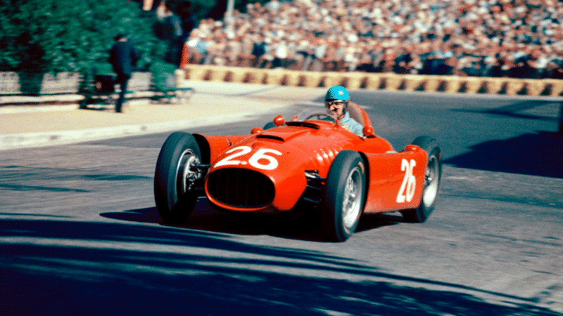 Alberto Ascari driving his Lancia during the 1955 Monaco Grand Prix.