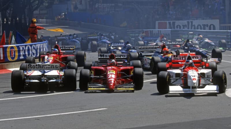 David Coulthard (Williams-Renault) spins in front of Ferrari drivers Jean Alesi and Gerhard Berger and Mika Hakkinen (McLaren-Mercedes) at the start of the 1992 Monaco Grand Prix. Photo: Grand Prix Photo