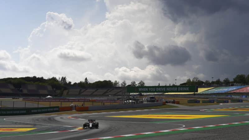 Kimi Raikkonen (Alfa Romeo-Ferrari) under dark clouds during the 2020 Spanish Grand Prix